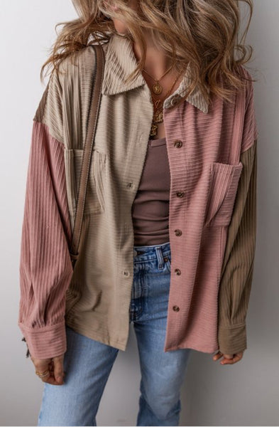 Corduroy Color Block Button Down Shacket