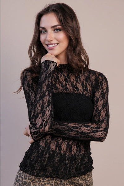 Fitted Sheer Mesh Lace Knit Top