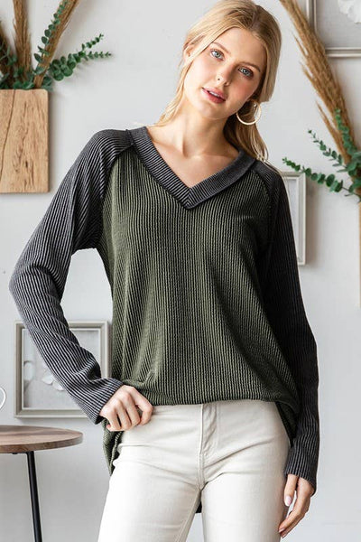 LONG SLEEVE SOLID URBAN RIBBED COLOR BLOCK TOP