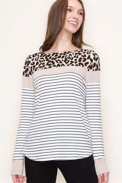 Long Sleeve Leopard Color Block Top