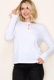 Keyhole Satin Tape Long Sleeve Solid White Top