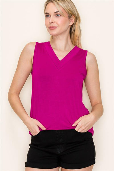 Double Banded Vneck Sleeveless Rayon Jersey Top