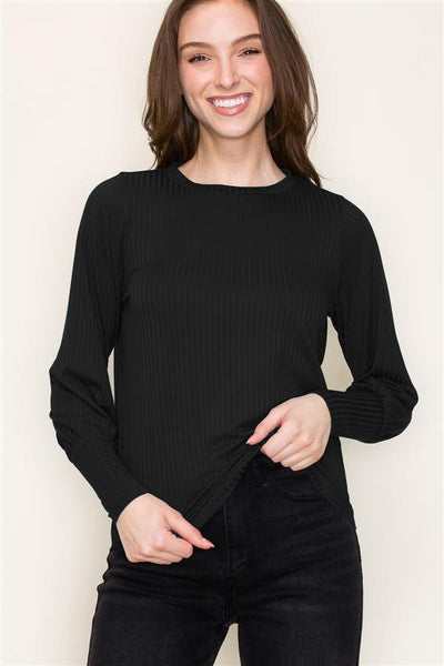 Long Balloon Sleeve Textured Black Top