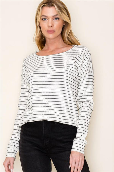 Textured Rib Long Sleeve Striped Top