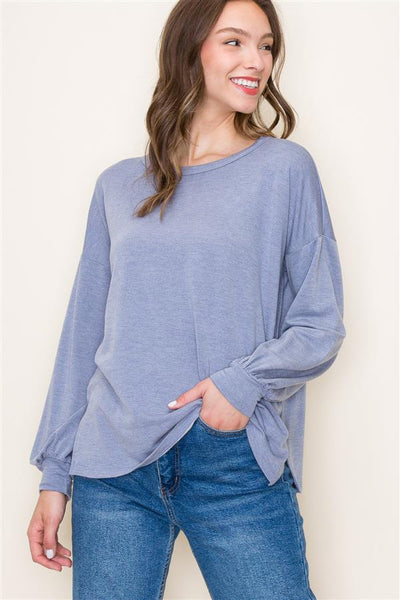 Long Sleeve Denim Colored Terry Knit Top