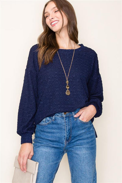 Textured Balloon Sleeve Navy Top