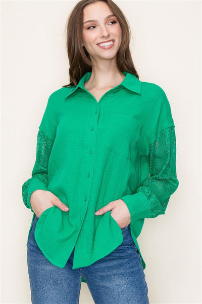 Collared Crochet Sleeve Button Up Gauze Shirt