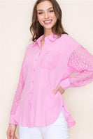 Crochet Lace Sleeve Gauze Button Down Top