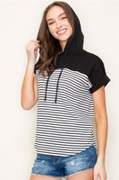 Hooded Short Sleeve Color Block Top