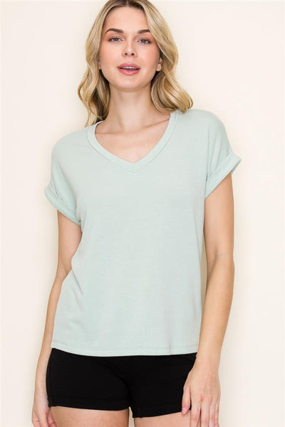 Vneck Short Sleeve Solid Light Sage Top