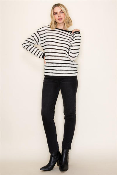 Color Trimmed Pointelle Striped Sweater