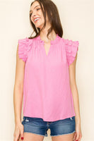 Keyhole Button Front Ruffle Sleeve Top