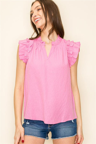 Keyhole Button Front Ruffle Sleeve Top