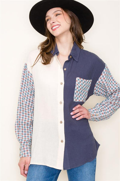 Color Block Collared Long Sleeve Button DownTop