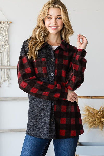 Colorblock Solid Plaid Soft Lightweight Button Up Shacket