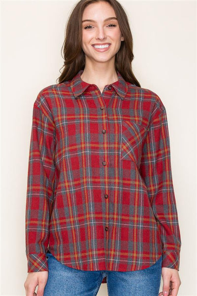 Button Down Long Sleeve Plaid Top