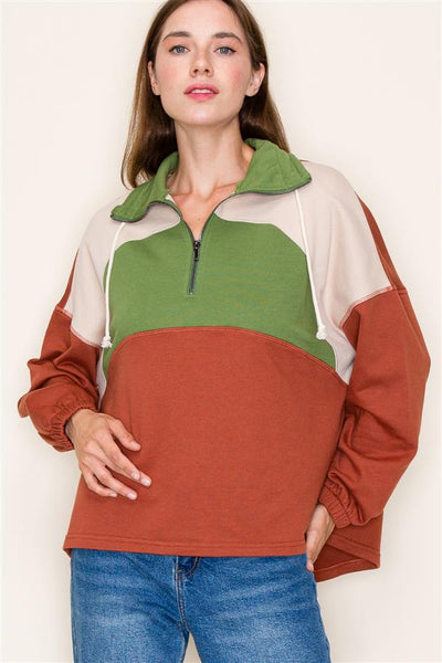 Half Zip Long Sleeve Colorblock Top