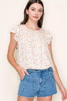 Taupe Round Neck Flutter Sleeve Babydoll Floral Print Top