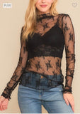 Plus Mesh Lace High Neck Long Sleeve Fitted Top