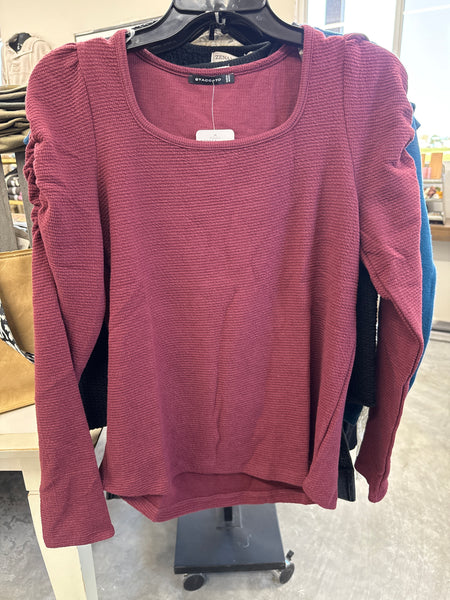 Scoop Neck Puff Shoulder Cinched Waist Long Sleeve Top