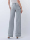 Mid Rise Full Length Grey Cuffed Wide Leg Jeans
