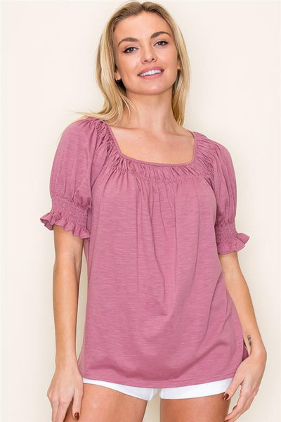 Gathered Square Neck Smocked Short Sleeve Top