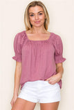 Gathered Square Neck Smocked Short Sleeve Top