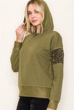 ANIMAL PRINT BLOCKED LONG SLEEVE FRENCH TERRY PULLOVER HOODIE TOP