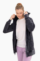 Mineral Wash Open Front Hooded Waffle Cardigan