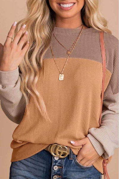 Color Block Long Sleeve Ribbed Loose Top