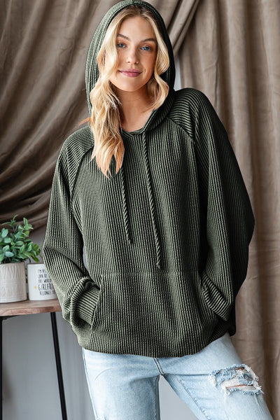 Solid Ribbed Puff Sleeve Hoodie Top