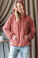 Plus Puff Sleeve Solid Ribbed Hoodie Top