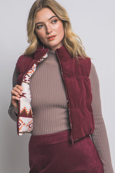 Reversible Aztec Corduroy Puffer Vest