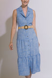 Belted Button Front Tiered Midi Dress