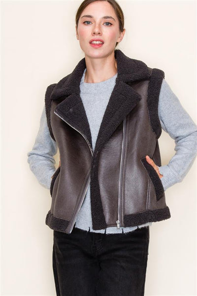 Faux Leather Sherpa Side Pocket Vest