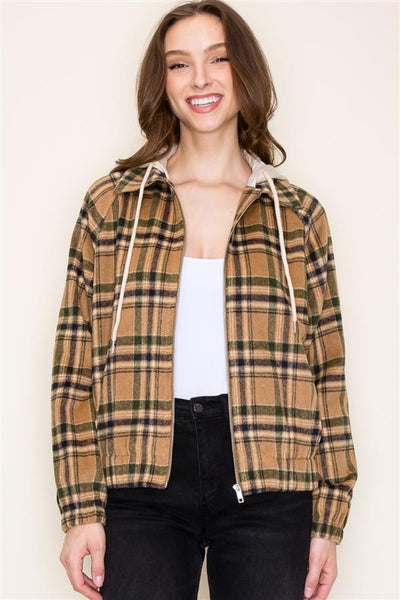 Long Sleeve Hooded Full Zip Plaid Jacket