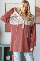 URBAN RIBBED CONTRAST HOODIE WITH BUTTON