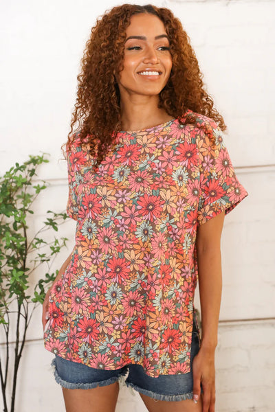 Multi Mocha Floral Textured Top