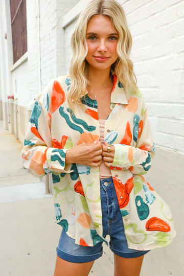 Multi Color Abstract Button Down Top