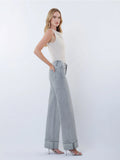Mid Rise Full Length Grey Cuffed Wide Leg Jeans