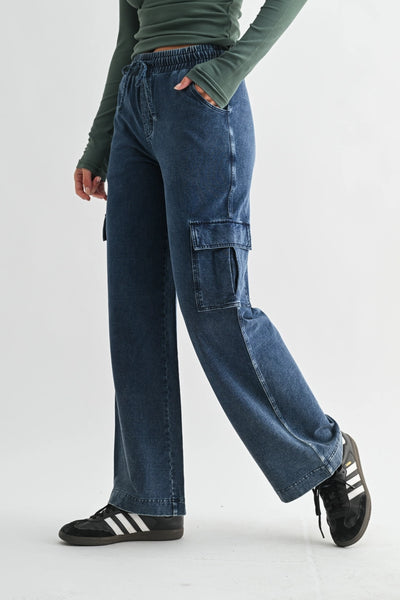 Mineral Wash Wide Leg Cotton Cargo Pant