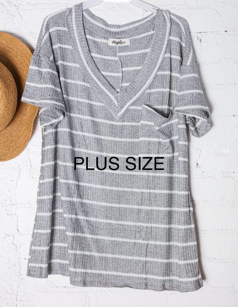 Plus Waffle Stripe V Neck Top