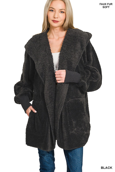 Hooded Faux Fur Jacket With Pockets