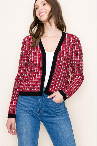 Tweed Texture Long Sleeve Short Open Front Cardigan