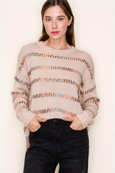 Multi Color Stitch Striped Crew Neck Long Sleeve