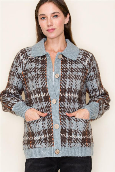 Colored Sweater Jacket Check Jaquard