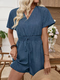 Solid Color Waist Cinched Short Sleeve V-Neck Romper