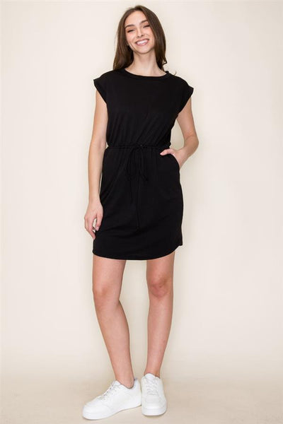 Cap Sleeve Drawstring Side Pocket Black Dress