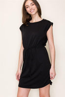 Cap Sleeve Drawstring Side Pocket Black Dress