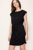 Cap Sleeve Drawstring Side Pocket Black Dress